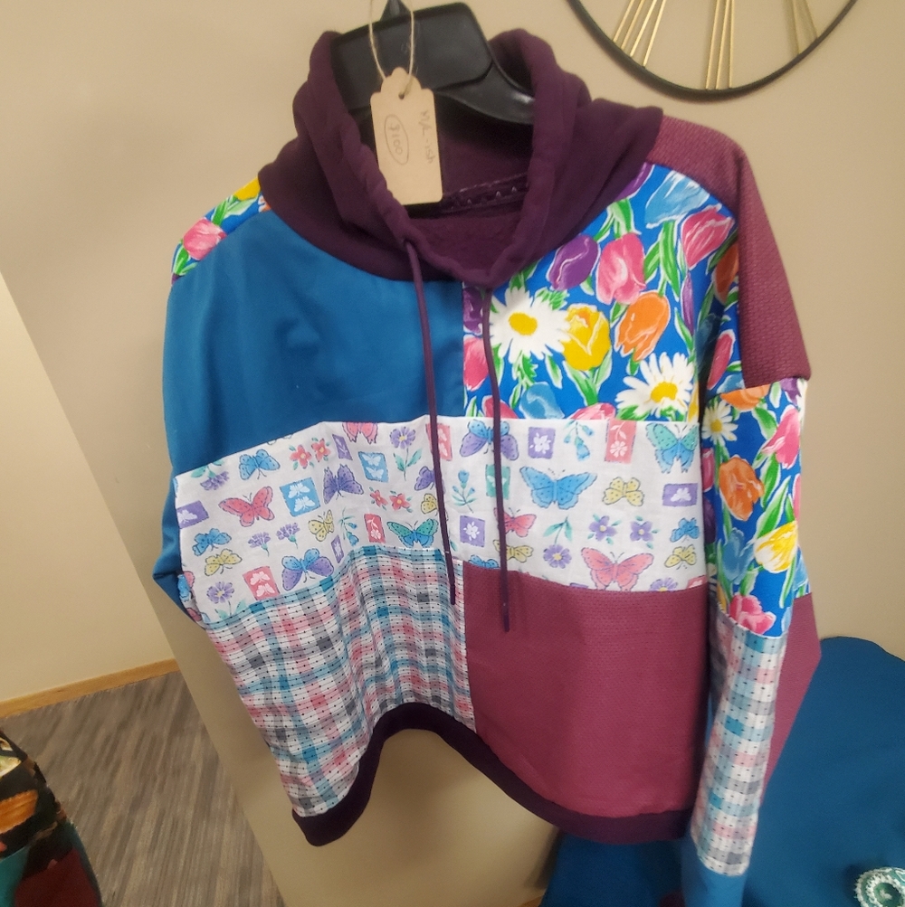 Patchwork Hoodie - Multicolor Floral & Butterfly Print